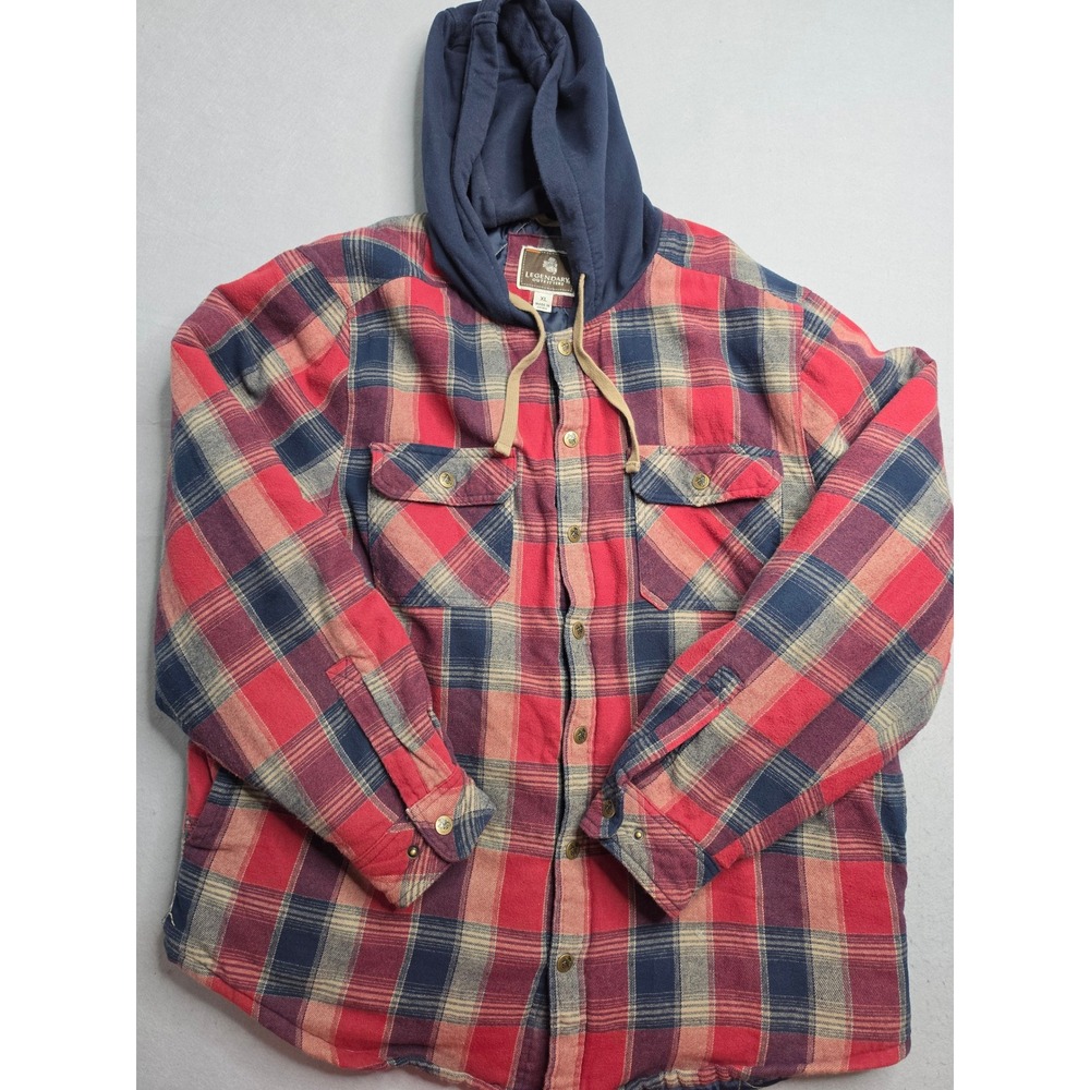 Legendary Outfitters Flannel Shacket Mens XL Red Blue Plaid Snap Front Hooded